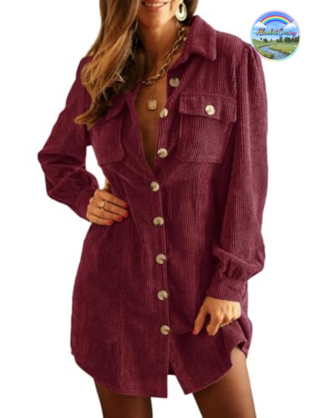 Women's Corduroy Long Sleeve Button Down Tunic Mini Dress Work Casual